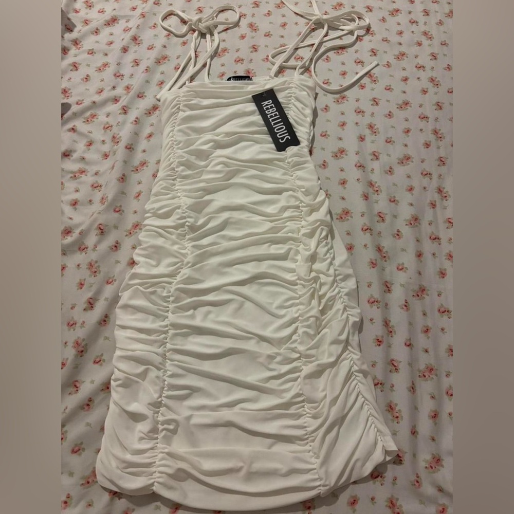 white ruched mini dress